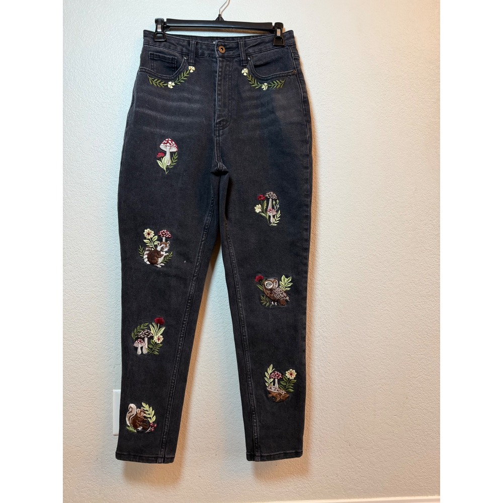 Hot Topic Woodland Embroidery Mushroom Owl Mom Jeans Black Size 3